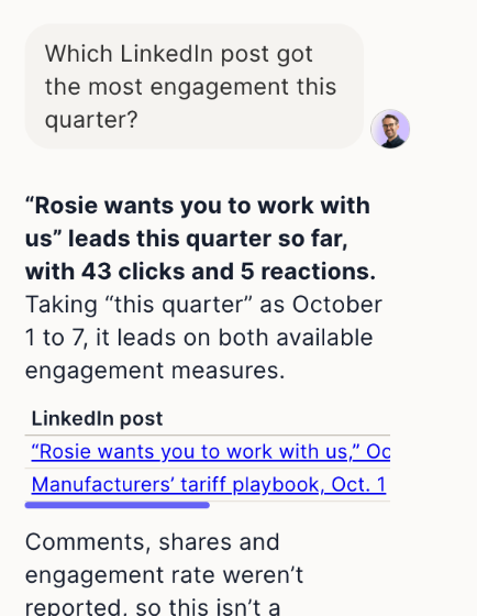 L'Analyst qui indique quel post LinkedIn a eu le plus d'engagement