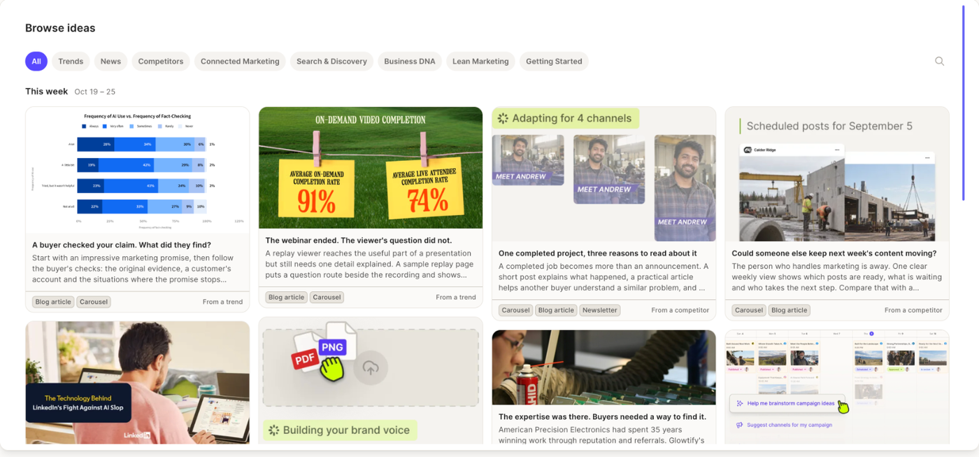 Browse ideas page with category filters and idea cards