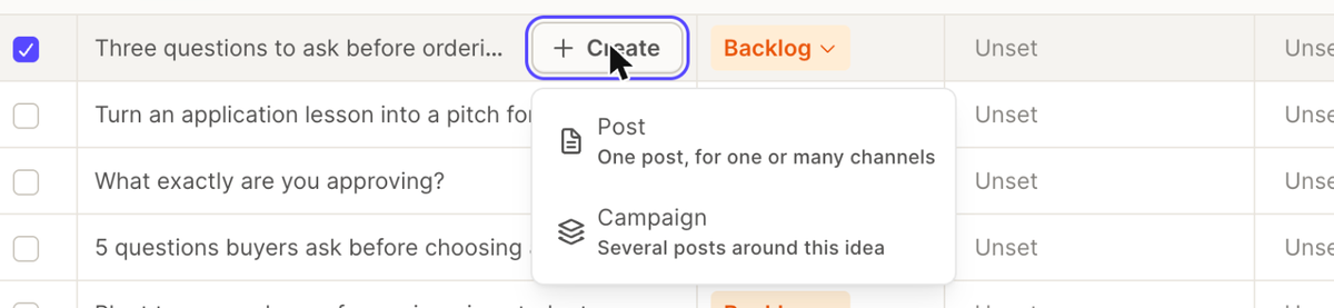Create menu on an idea with Post and Campaign options