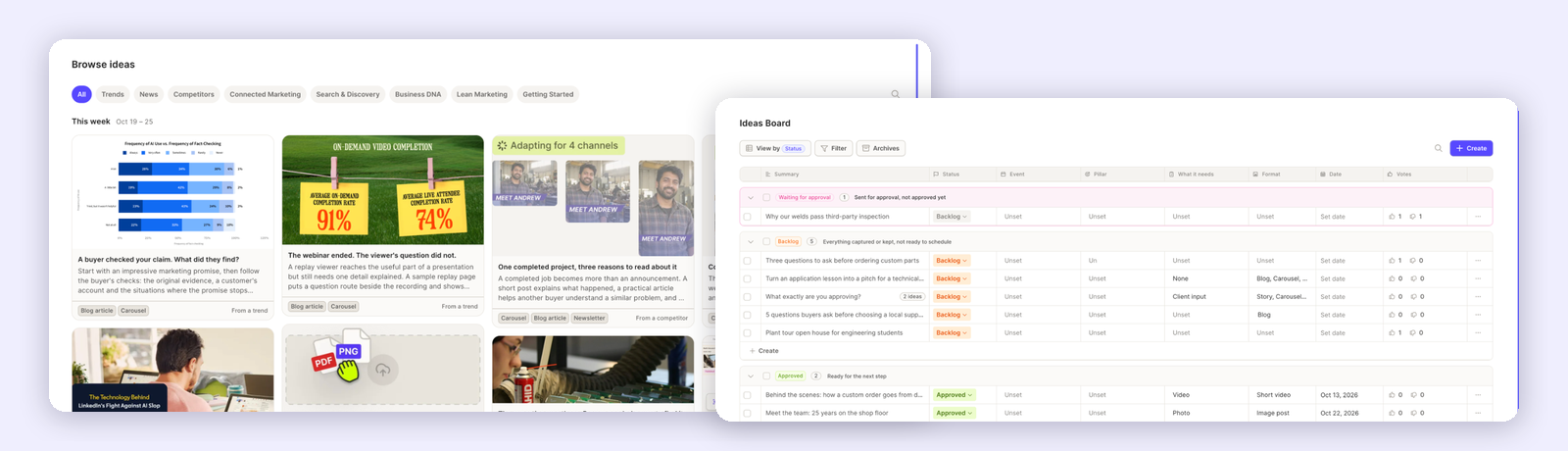 Browse ideas page and the Ideas Board side by side